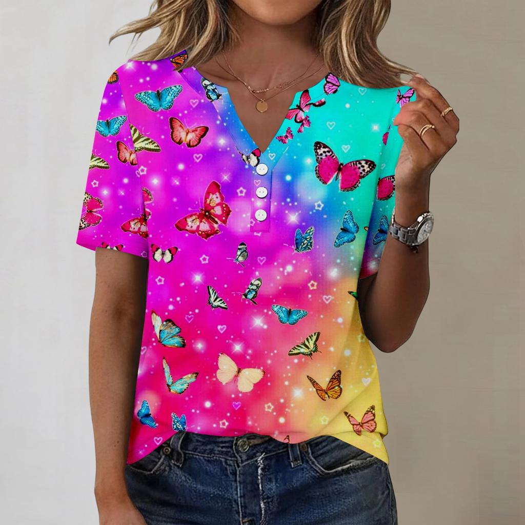 Women's Fashionable Casual Short-sleeved Retro Printed V-neck Top