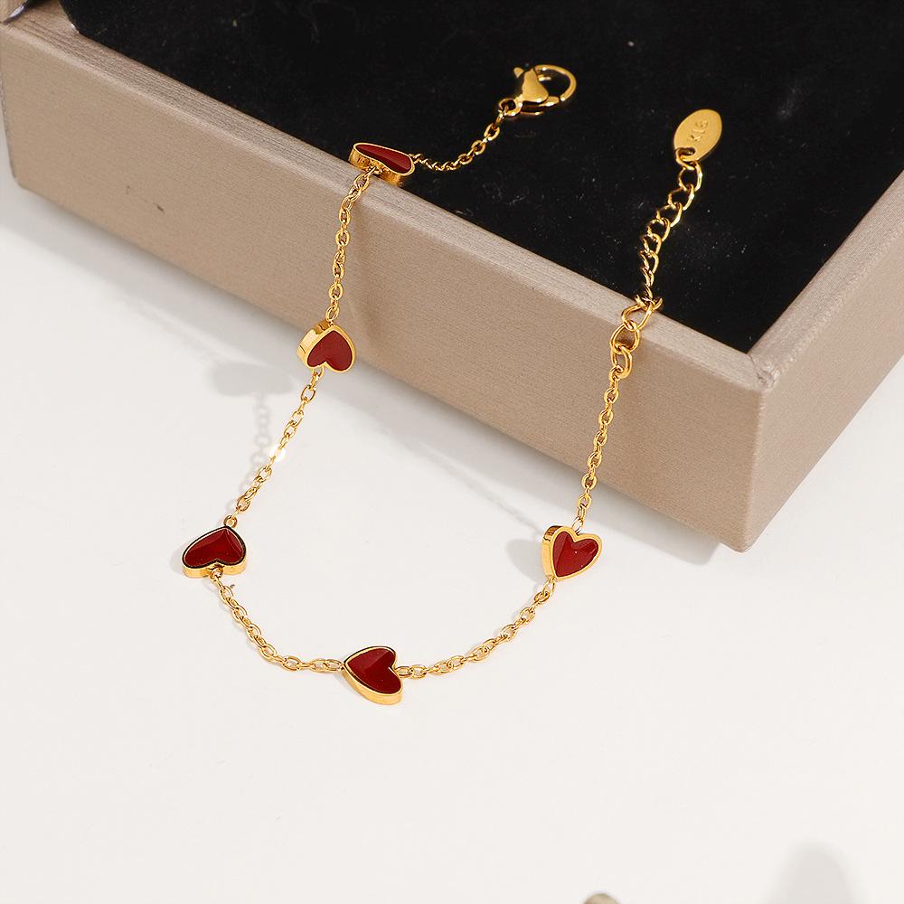 Women's 18K Gold-Plated Wine Red Heart Bracelet, Titanium Steel, French Design