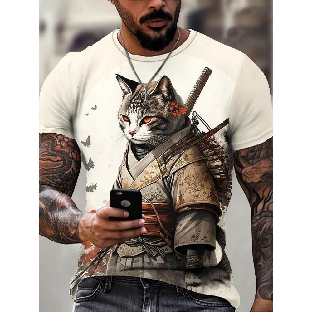 Japan Style Men's T-shirts 3D Samurai Cat Theme Print Short Sleeve T Shirts Fashion Men Women Crew Neck Tops Summer Clothing
