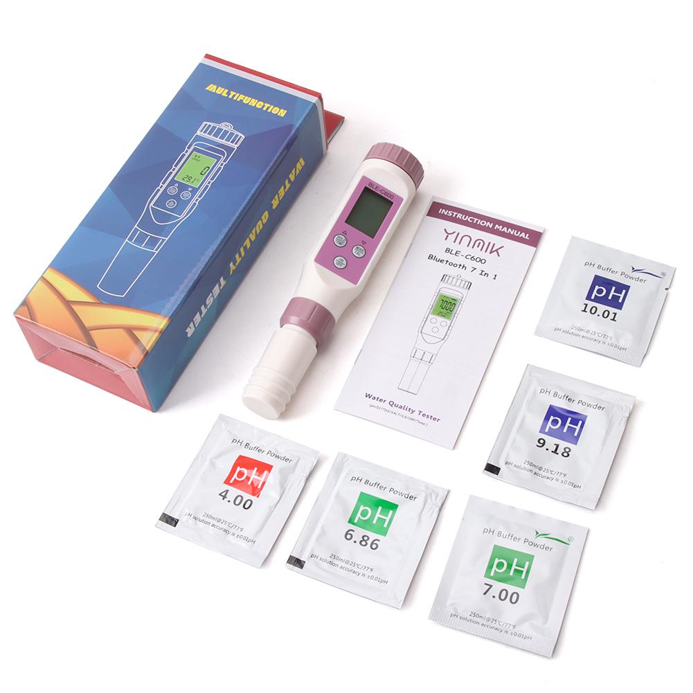 

Yieryi BLE-C600 совместимый с Bluetooth анализатор качества воды 7 в 1 PH/EC/TDS/ORP/SALT/SG/TEMP измеритель приложение интеллектуальный тестер управления