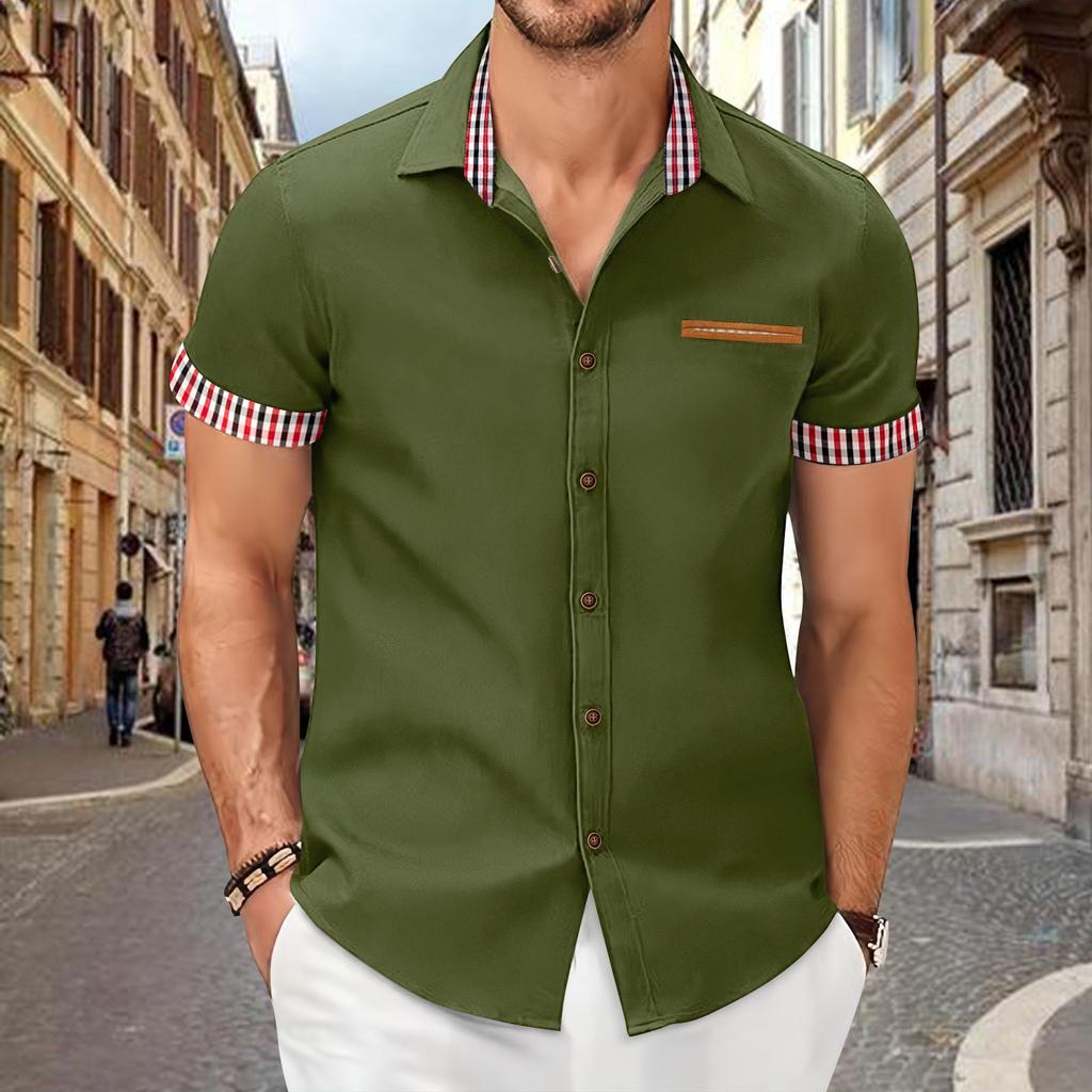 Men's Casual Checkered Color-blocked Shirt, Men's Fitted Lapel Button Short-sleeved Top