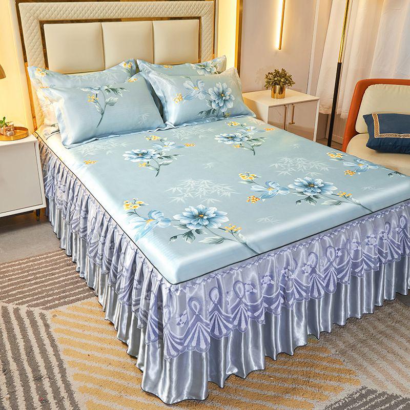 Ice Silk Lace Bed Skirt & Cool Mat Set - Breathable Rattan Design