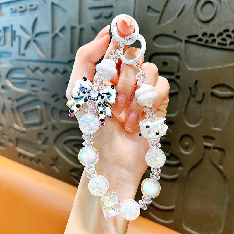 

Кавайная цепочка для телефона с патчем-прокладкой, шармом в виде бантика и бусин, ремешком на запястье против потери, подвеской для чехла для наушников, украшением для сумки белый