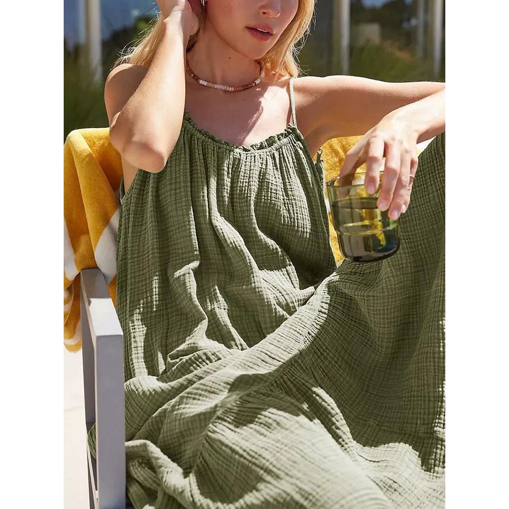

Cotton Summer Dress Woman Sexy Sleeveless Ruched Long Maxi Party Dresses Sundress One Size зелений