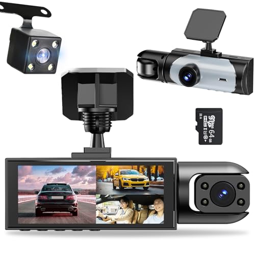 MARVUE Dash Cam, Front and Rear 3 Cameras, Front 1080p, 170 Degree Ultra Wide Angle, Car Camera, 480p, Nighttime Photography, LED Night Vision, 3