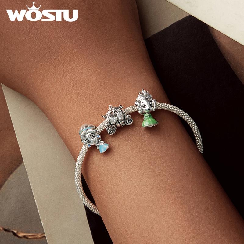 WOSTU 925 Silver Orignal Princess Charms Pendant Cartoon Girl Bead Fit Bracelet Necklace For Girl DIY Birthday Gift