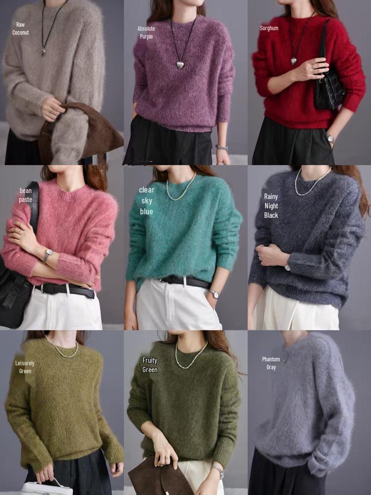 2025 Autumn/Winter Women's Thickened Wool Cashmere Round Neck Knit Sweater with Brushed Fleece