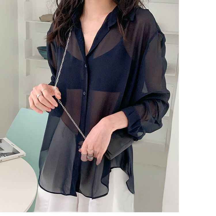 

Шифоновая солнцезащитная одежда для женщин, тонкая винтажная шаль с длинными рукавами, летняя верхняя одежда, рубашка с кондиционером, рубашка 3XL чёрный