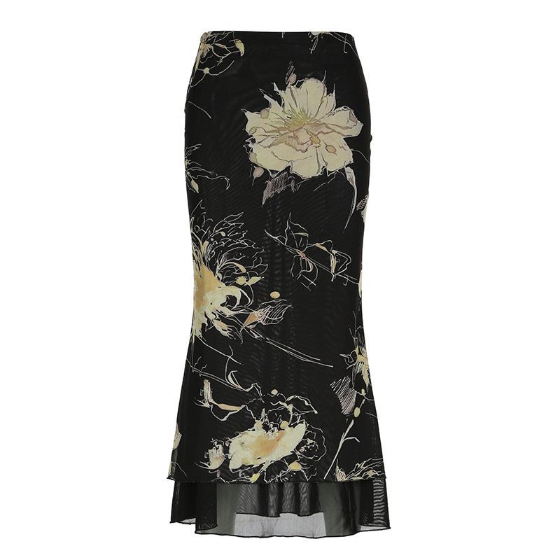 Goth Dark Y2K Aestheics Double Layer Mesh A Line Skirt Women Fashion Florals Print Slim Skirts Fairy Streetwear Gothic Bottoms