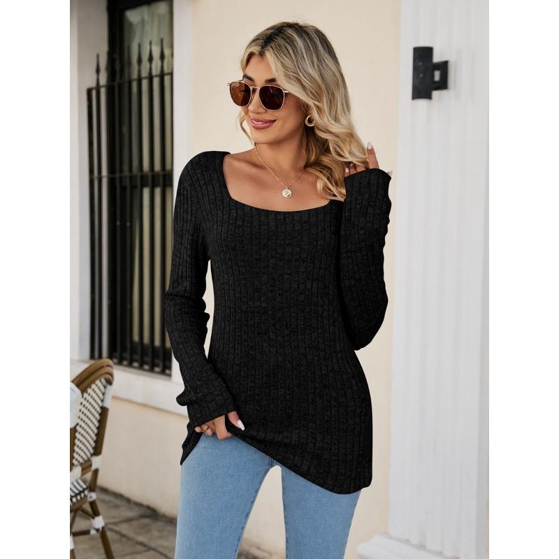 

2025 New Women s Tops Autumn and Winter Square Collar Pit Strip Brushed Casual Long Version Long Sleeves for Women XXL чорний