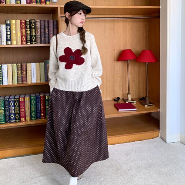 DIMANAF 2025 Jesień Kobiety Nowe Krótkie Swetry Dzianinowe Kwiat Podstawowa Moda Okrągły Dekolt fioletowy Styl Luźny Czerwony Sweter Pulower