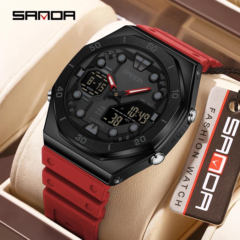 SANDA 6306 Modische Herren-Elektronikuhr Dual-Anzeige Multifunktional Nachtlicht Wecker Wasserdicht Coole Unisex-Uhr