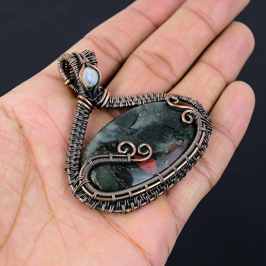 Bloodstone Gemstone Pure Copper Wire Wrapped Handmade Pendant Jewelry