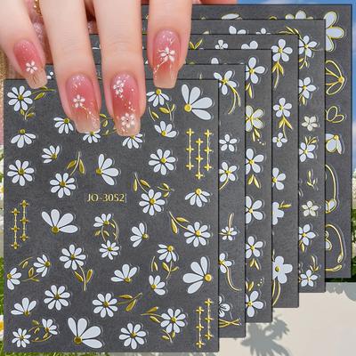 3 To 18 Sheets 3D White Daisy Nail Stickers Gold Line Flower Leaf Decals Self Adhesive Spring Nail Art