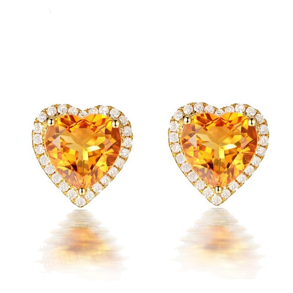18K Gold Plated Heart Shaped Citrine Earrings with Zircon and Colorful Gemstone Jewelry for Women