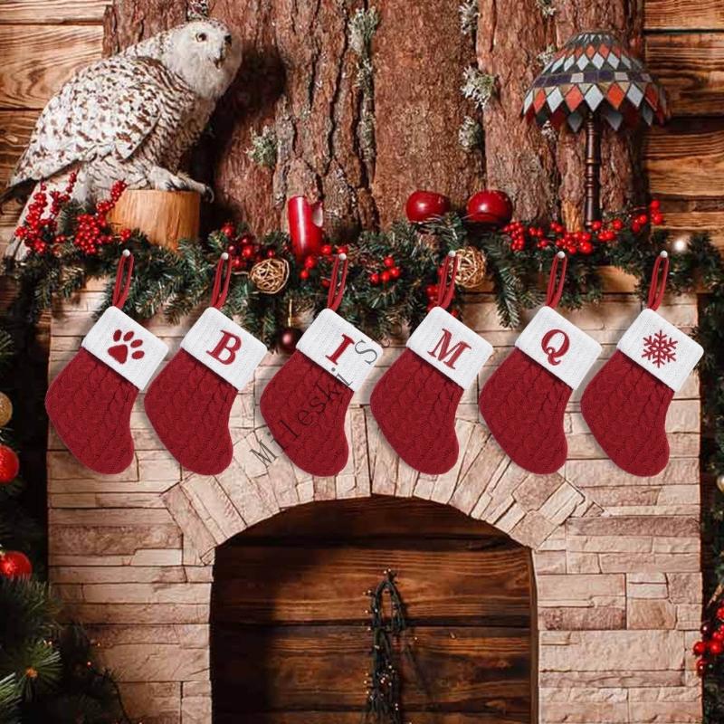 Letter Christmas Stockings Gift Bag Lovely Knit Christmas Hanging Socks For Christmas Tree Fireplaces Door Decoration