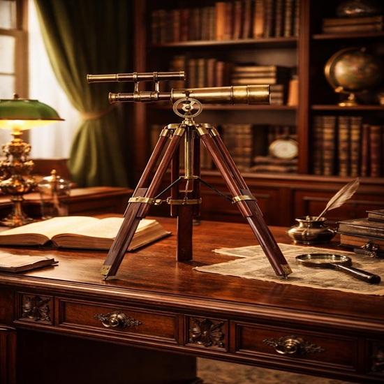 Brass Telescope with Wooden Tripod Luxury Office Decor, Classic Nautical Collectible