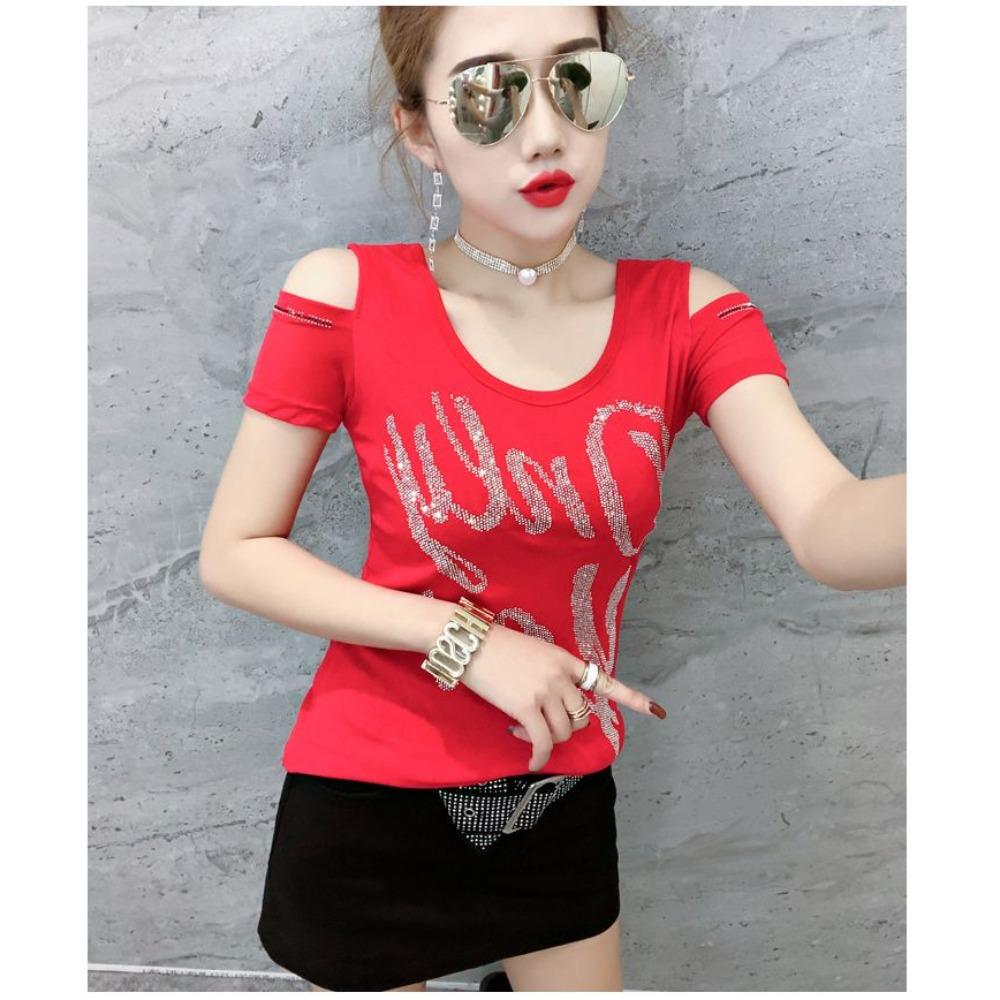 New Style Heavy Craftsmanship Fashion Diamond-covered Shoulder-open Sexy Beautiful Back Slim Body Slim Body Slim T-shirt Trendy