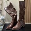 Cowhide Version Boots Women's Autumn and Winter Retro Boots Thick Heel Knight Boots Arrow Boots Cross Buckle High Boots
