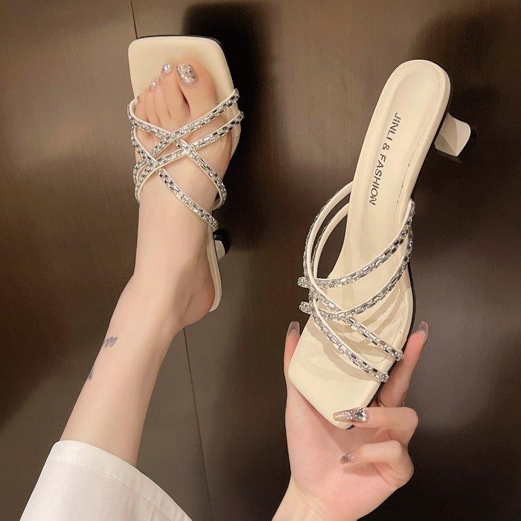 Internet Celebrity Rhinestone Cool Slippers Female Summer Wear Silver Sandals New Fashion Versatile French Fairy Stiletto High Heels