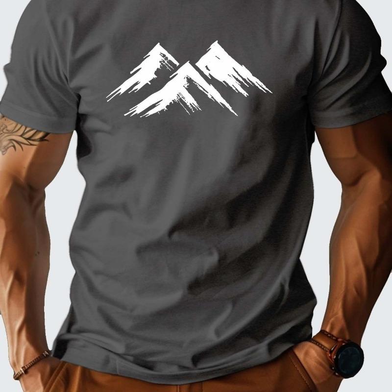Men's Heavyweight Cotton T-Shirt with White Mountain Print - Navy Blue Casual Round Neck Short Sleeve Tee for Outdoor & Casual Attire