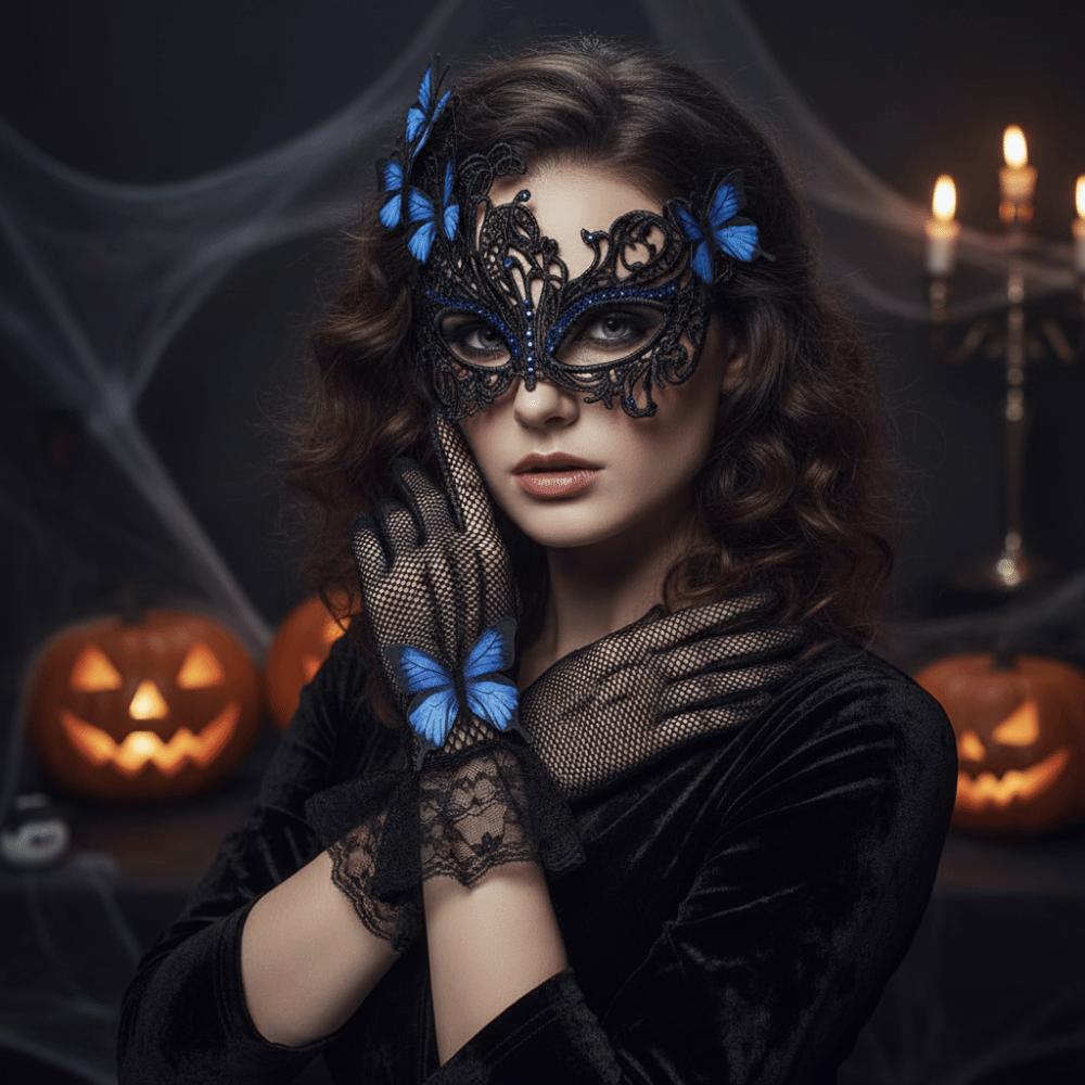 Lace Rhinestone Butterfly Prom Mask+ Gloves Sexy Vintage Half Face Mask Set Elegant Halloween Lace Masquerade Masks