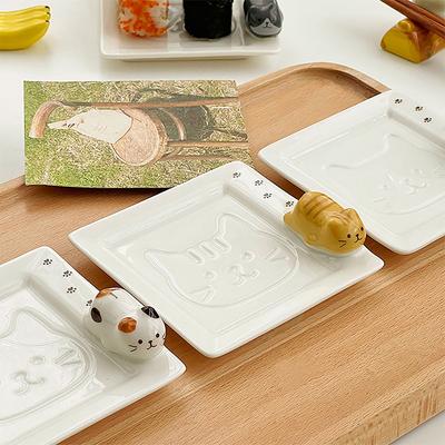 3D Cat Soy Sauce Dish Ceramic Cute Japanese Small Seasoning Dipping Plate Bowl Kitchen Flavor Vinegar Dish Cat Chopstick Holder