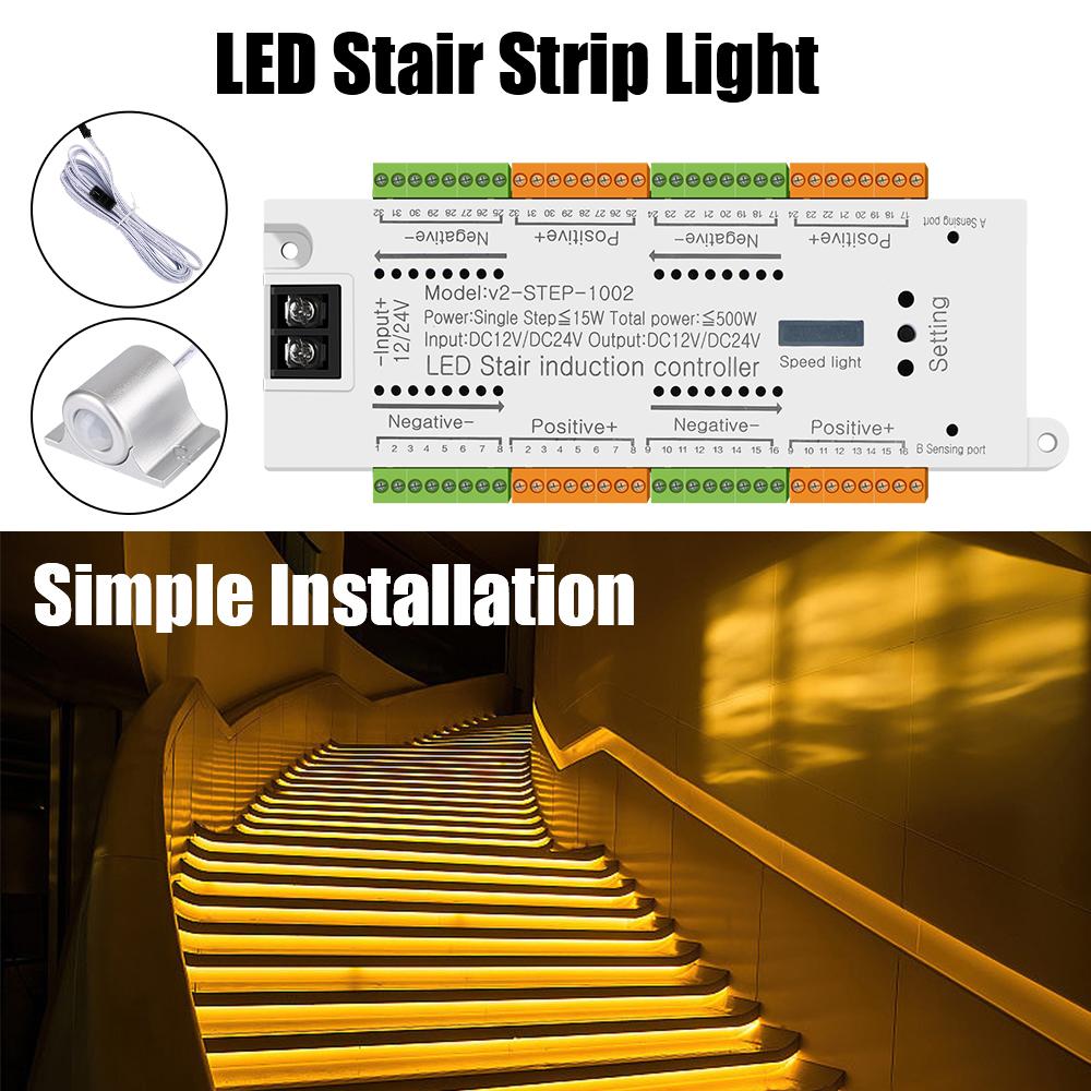 32 Channels Stairway Lighting LED Motion Sensor Stair Light Controller Kit Automatic DC 12V 24V For Stairs Flexible Strip