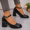 Ankle Strap Chunky Heel Mary Janes Pumps Women Fashion Black Patent Leather Dress Shoes Woman Elegant Round Toe High Heels Pumps