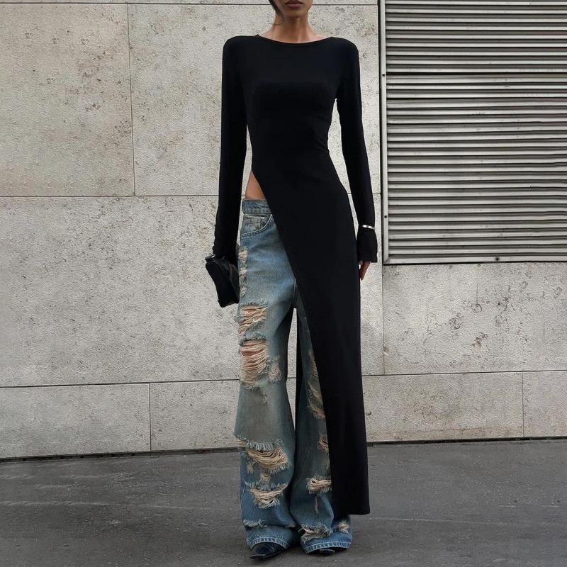 

Women s Autumn and Winter New Fashion Street Style Round Neck Long Sleeve Personalized Irregular Dress Wholesale S чёрный
