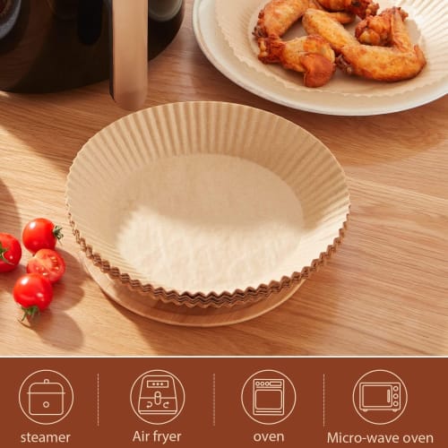 100 Tasses Rondes Jetables en PET Papier Sulfurisé pour Friteuses à Air, Diamètre Intérieur 16cm, Résistantes à la Chaleur et à la Graisse, Papier Pelable pour Tempura, Sui
