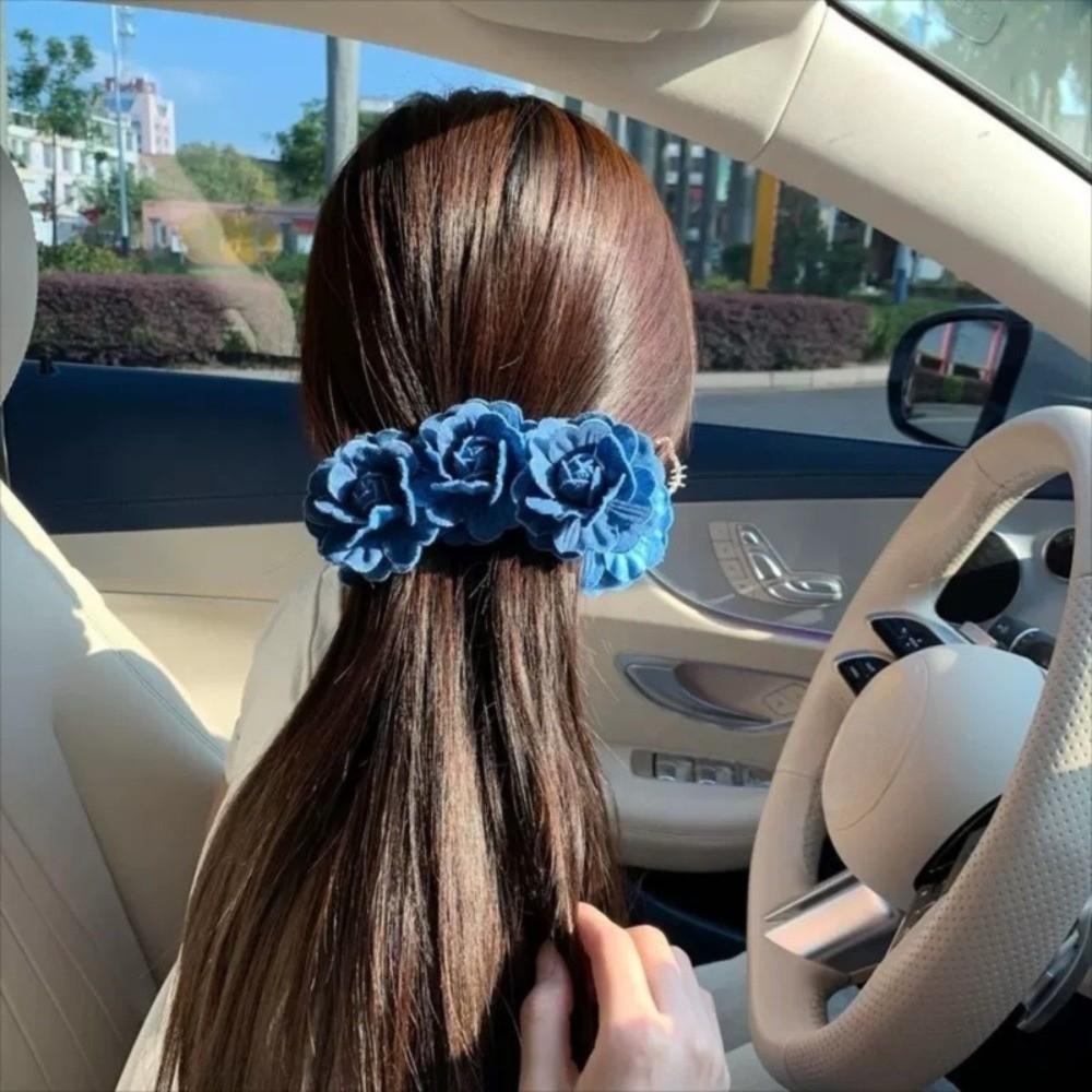 Denim Blue Flower Banana Clips Camellia Floral Twisted Hair Clip Women Vertical Clip  Spring
