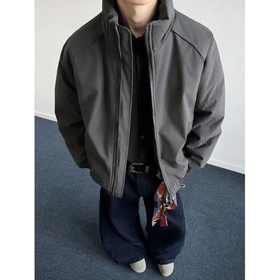 Men's Dark Grey Bomber Jacket with Stand-up Collar, Autumn Three-Proof, American Style, Regular Shoulder Outerwear