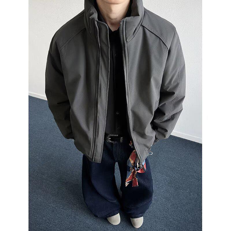 

Men s Dark Grey Bomber Jacket with Stand-up Collar, Autumn Three-Proof, American Style, Regular Shoulder Outerwear M хакі