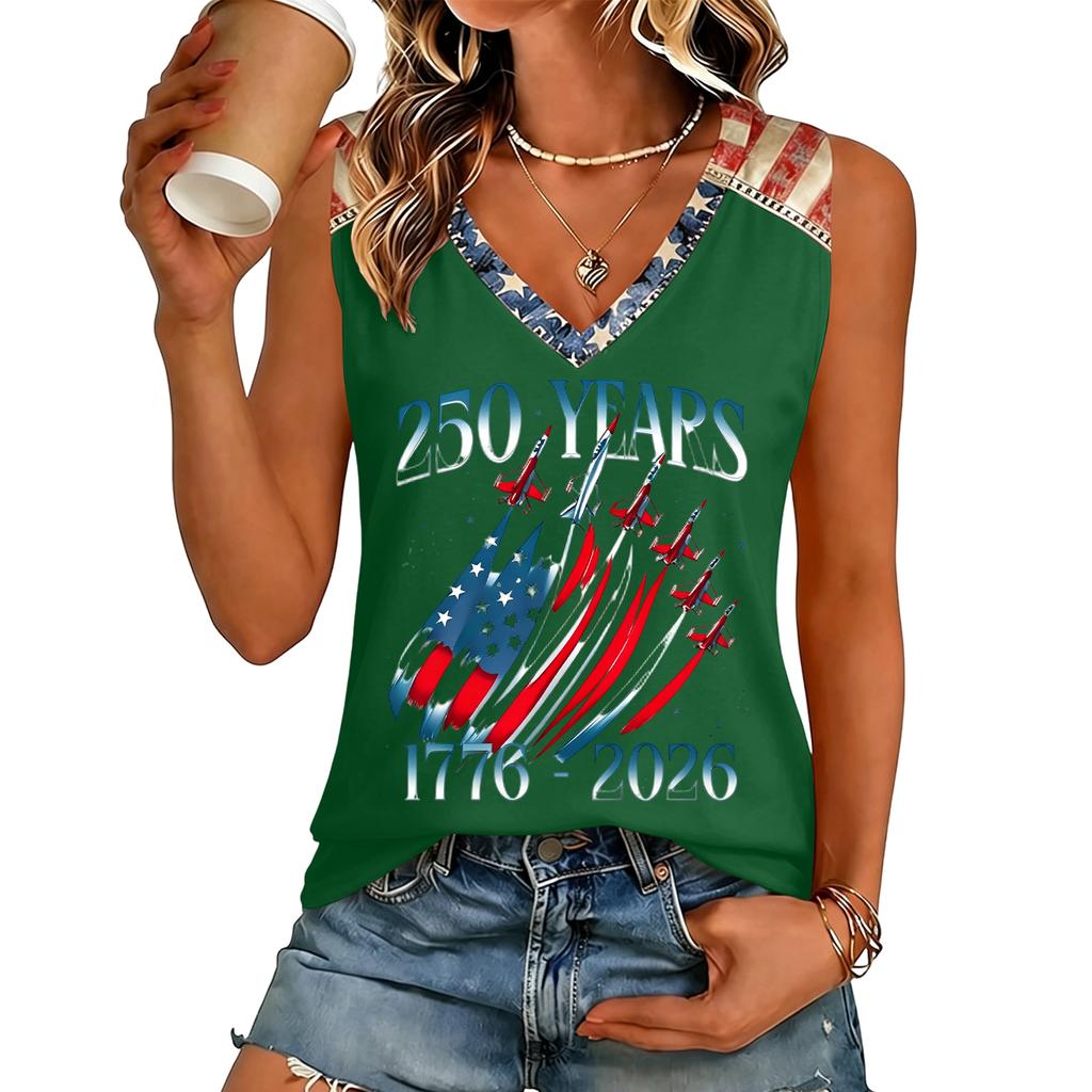 Womens V Neck Casual Short Sleeve Top with 250 Years 1776 2026 Letter Print Loose Fit Lightweight T Shirt for Summer Daily Wear