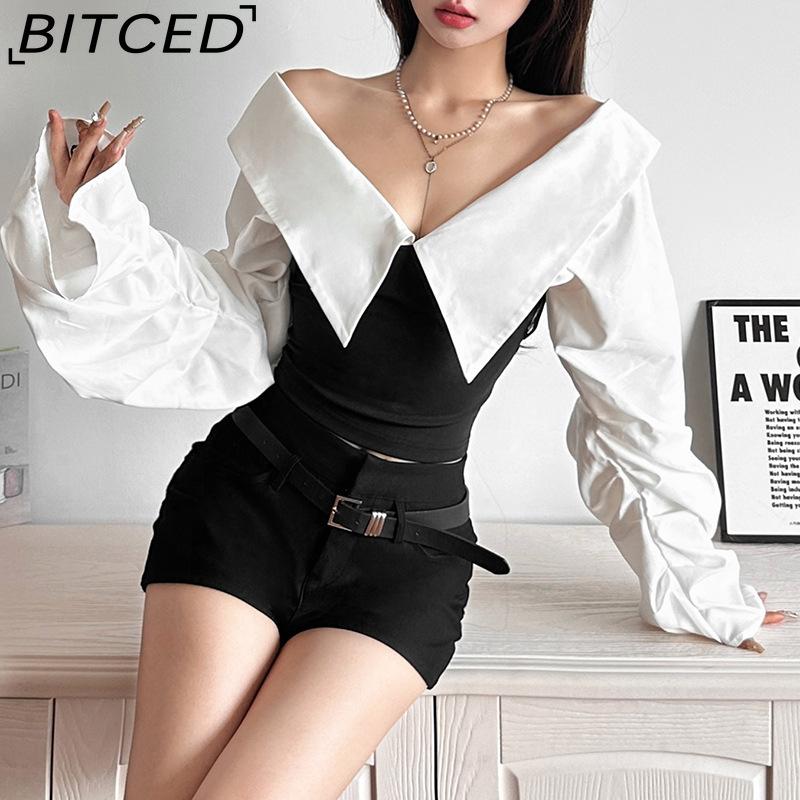 BITCED Autumn Women's Solid-Colour Slim-Fit Cropped Streetwear V-Neck Long-Sleeved Top