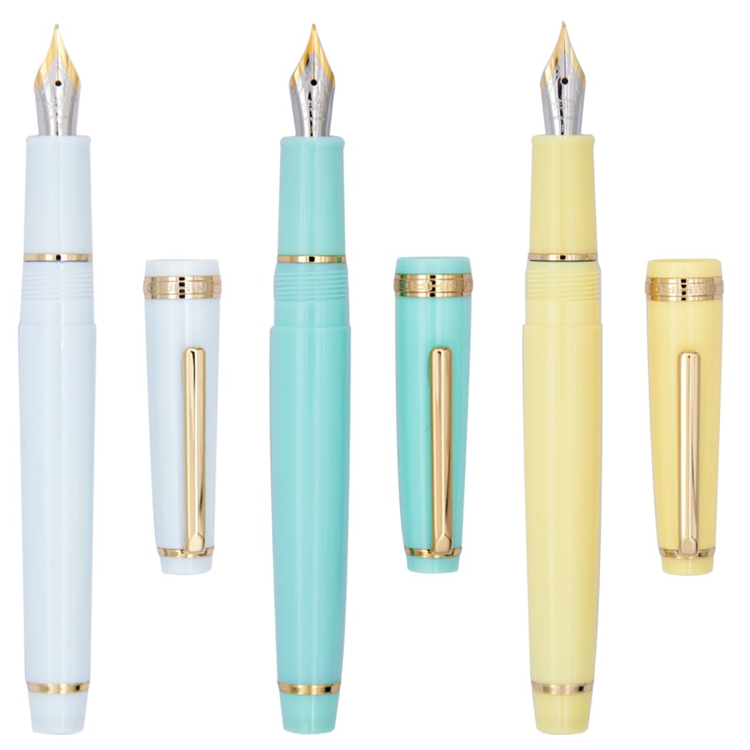 

Ranvi Jinhao 82 Fountain and Fine Gold with Converter Set Pens, White, Blue, Yellow, Acrylic, Iridium, Nib, Trim, (3 Pens)