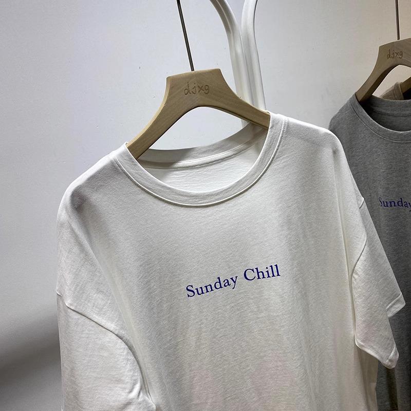 Dam sommar 2024 Lös passform Bokstavstryck Bomulls-T-shirt