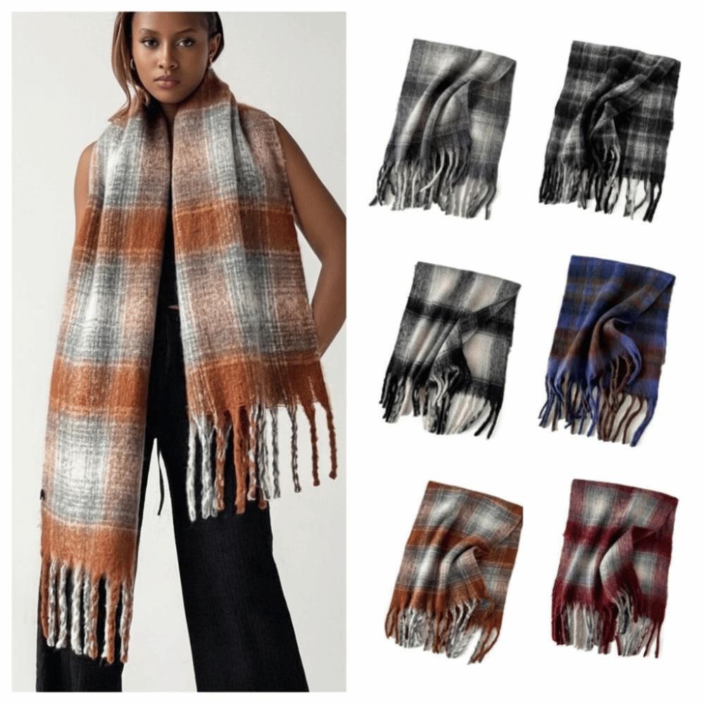 Plush Plaid Wool Scarf Tassel Long Shawl Simple Winter Cashmere Scarves  Girl