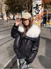 Women's Short Loose PU Winter Jacket Suede Bronzing Big Fur Collar