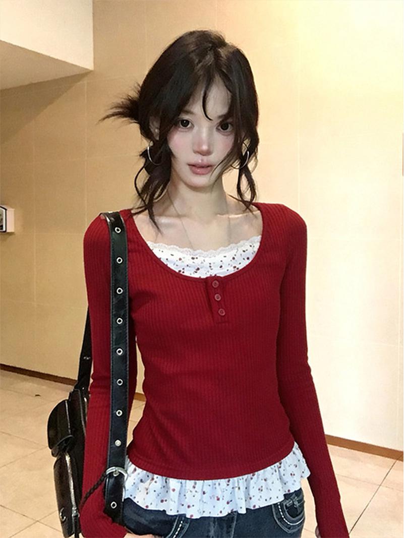 Women s Red Floral Faux Two-Piece Long-Sleeve T-Shirt - Slimming Autumn/Winter Base Layer Extra Large