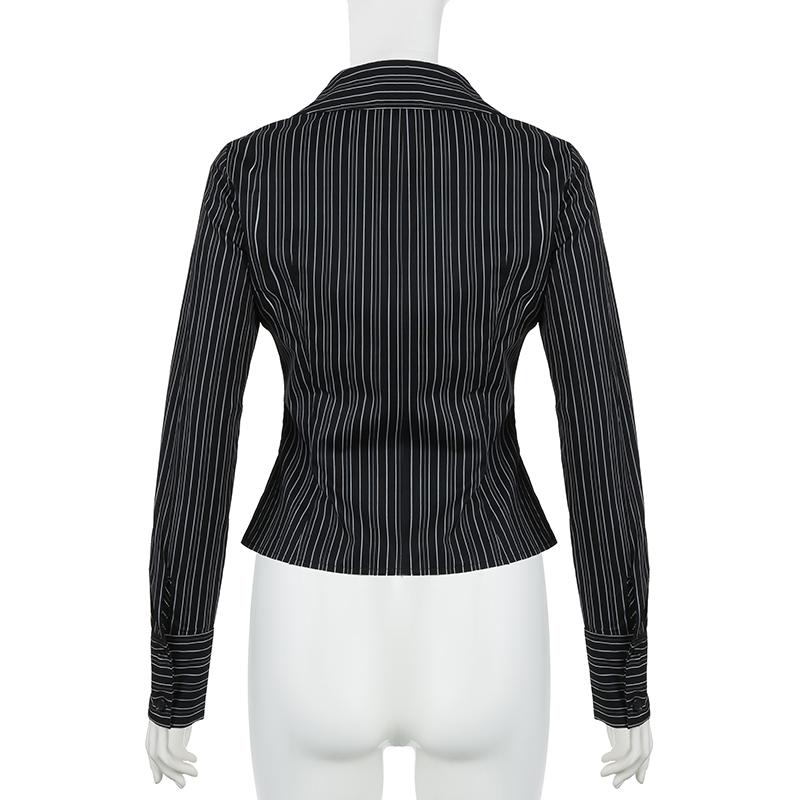 Fashion Chic Black Stripe Women Blouse Slim Long Sleeve Shirt Top Buttons-Up Casual Y2K Cardigan Retro
