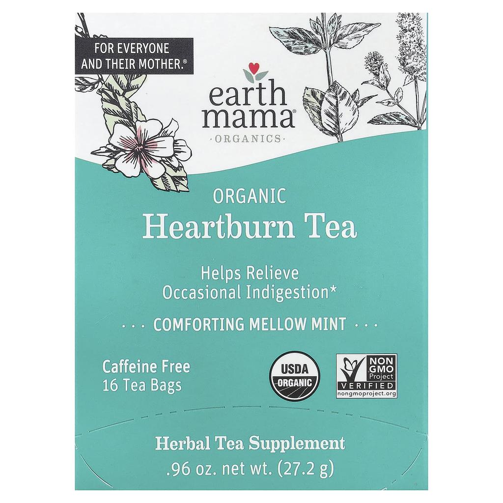 Earth Mama, Organics, Organic Heartburn Tea, Comforting Soft Mint, Caffeine Free, 16 Tea Bags, 0.96 Oz (27.2 G)