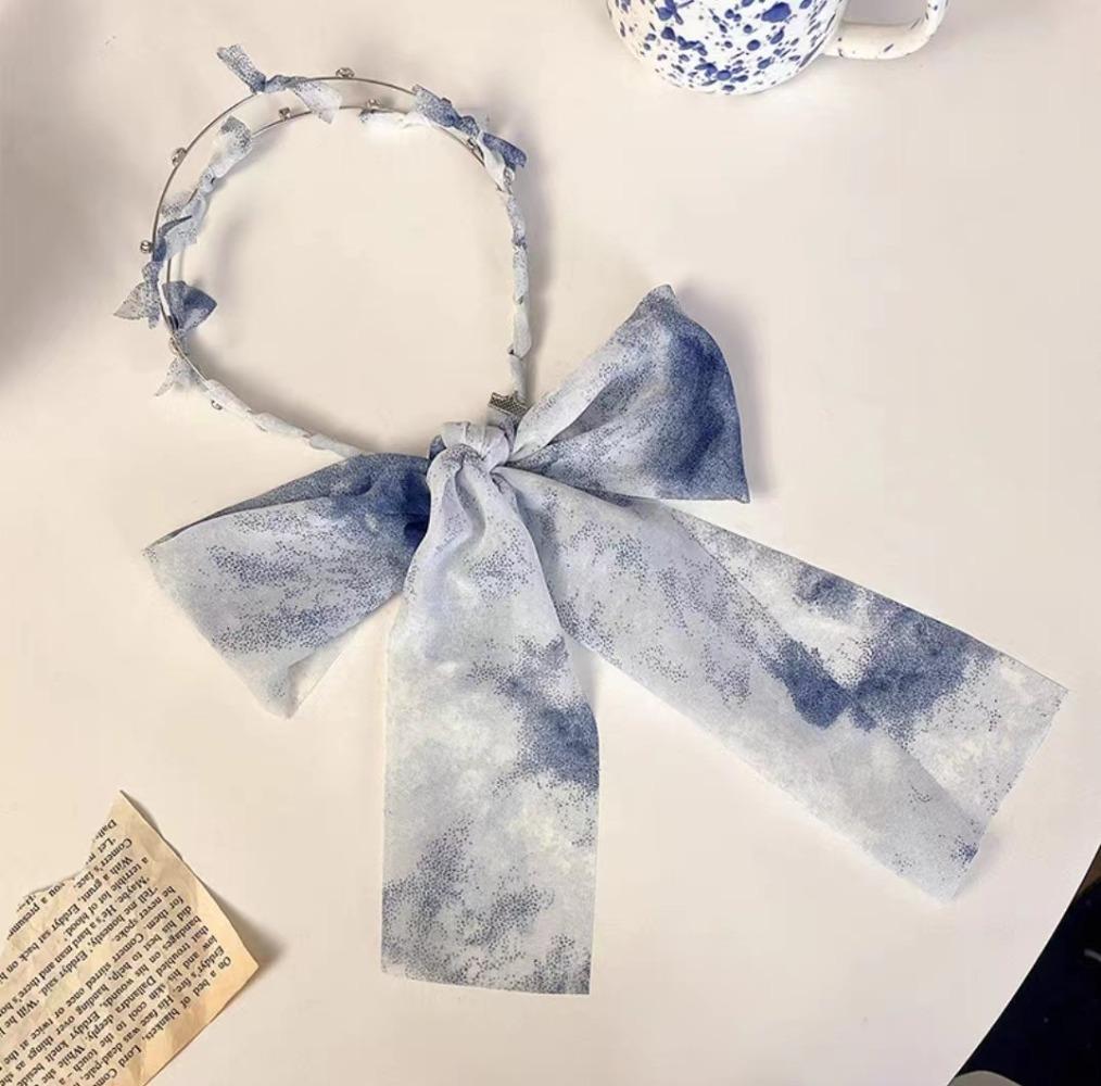 

1pc Fashion Watercolor Print Headband Sheer Ribbon Bows Pearl Accents Streamers Ideal for Weddings Parties Dreamy Daily Styles