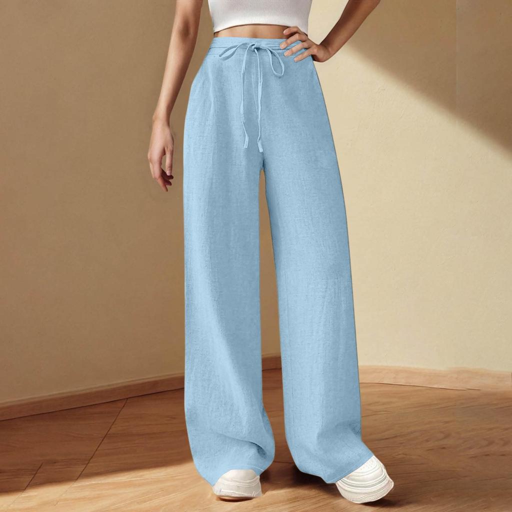 Damen Sommerhose mit elastischer Taille, einfarbig, lockere Hose aus Baumwolle und Leinen