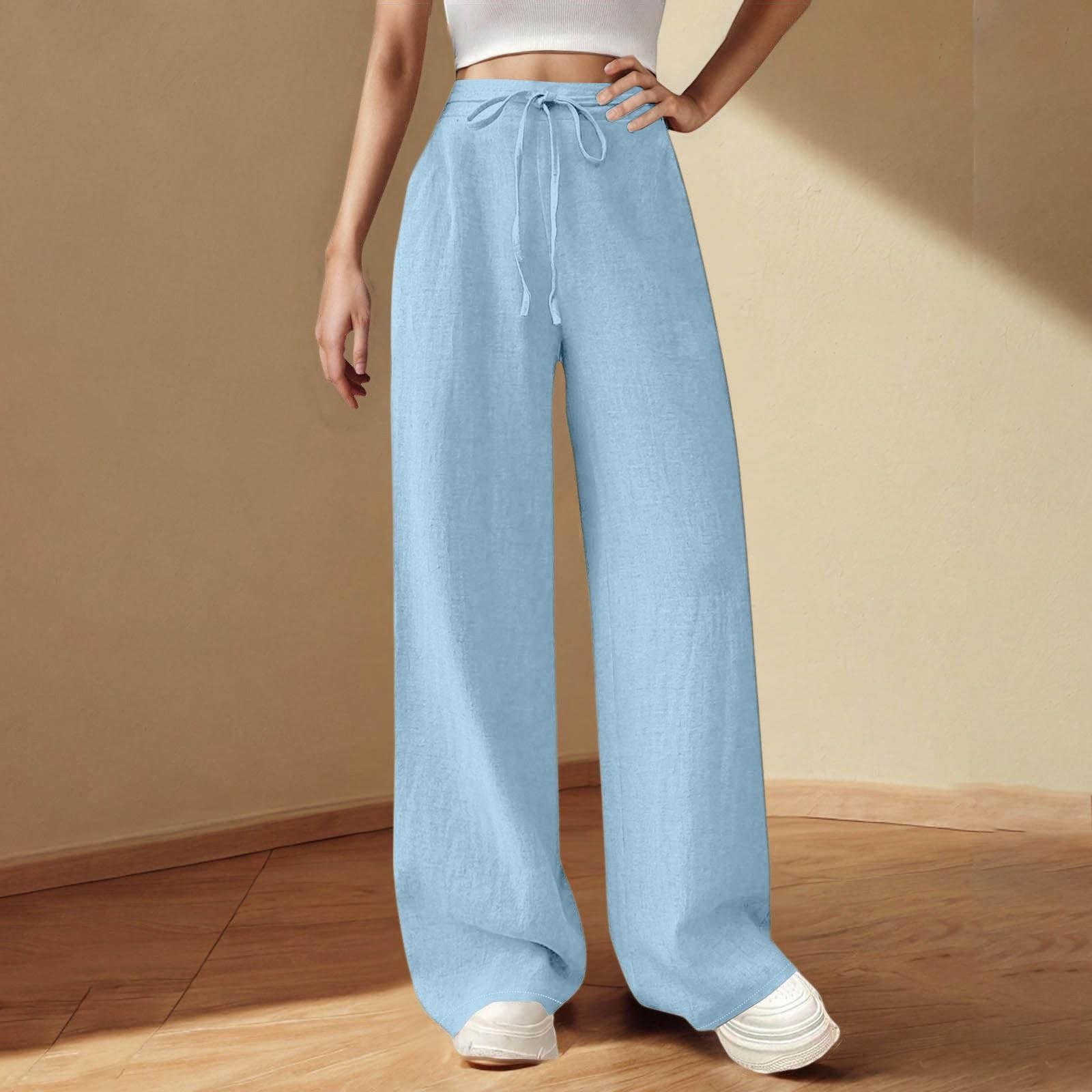 

Женские летние свободные брюки из хлопка и льна с эластичной резинкой на талии XL небесно-голубой