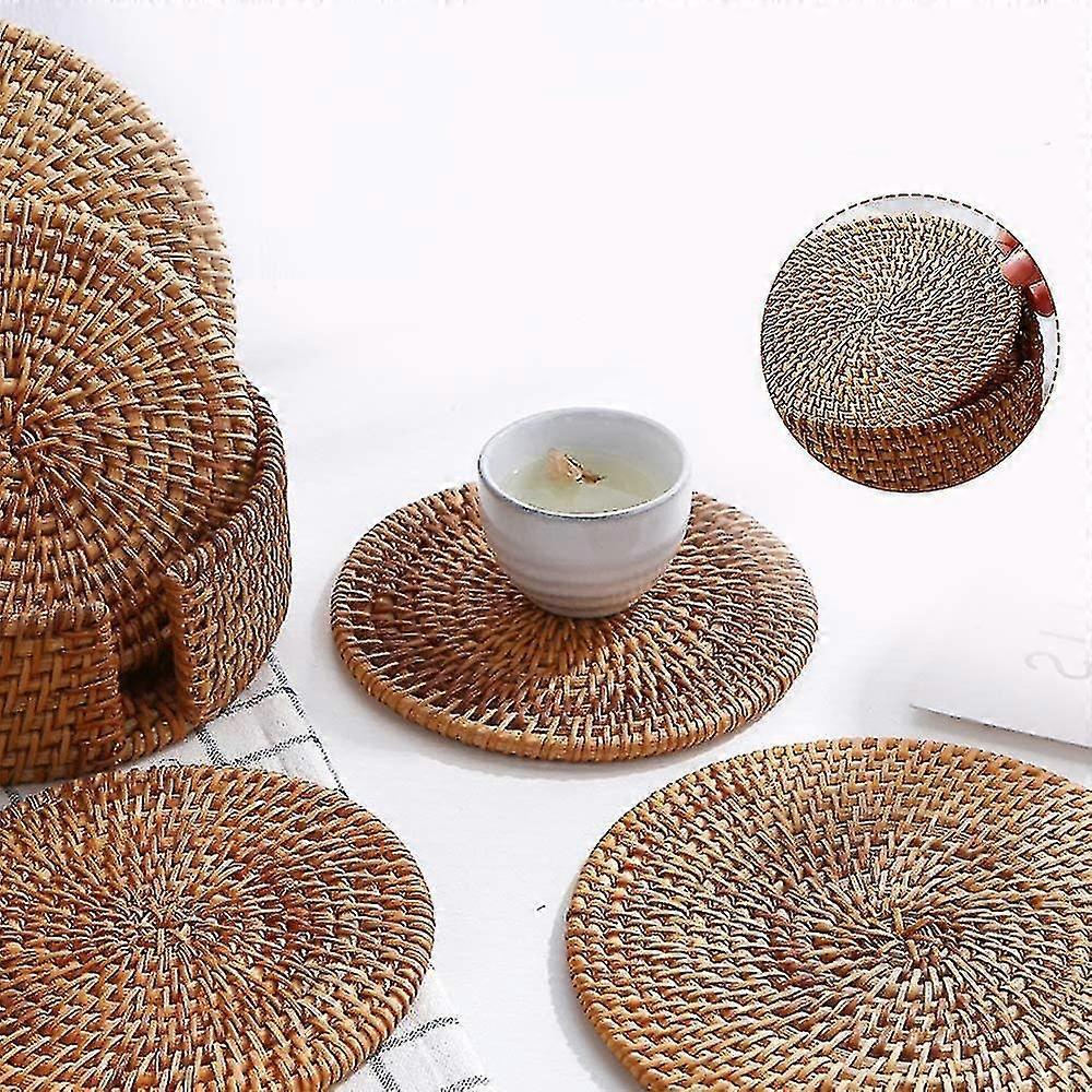 Rattan Woven Coasters Round Coasters Insulation Pads Desk Mats - 6 Pieces - PJ