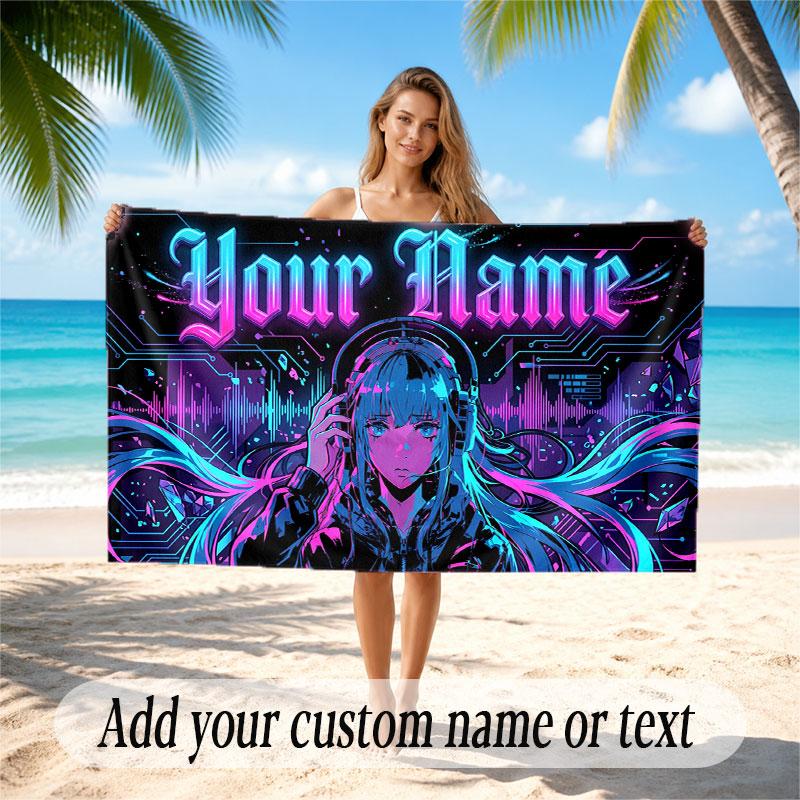 City Cyberpunk Theme Soft Beach Towel Personalized Custom Name Text Towel Portable for Beach Pool Travel