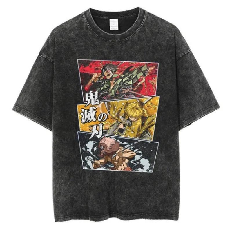 2026 Anime Demon Slayer Retro Washed T-shirt Men's and Women's New Summer Clothing Breathable Fashion Top Streetwear Peripheral Tee