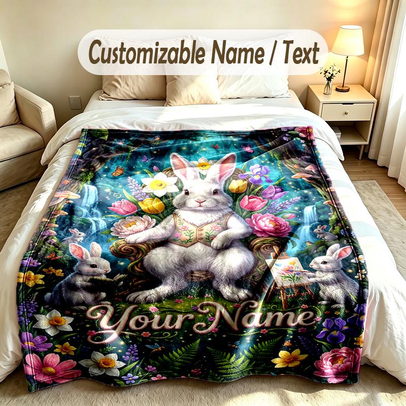 Easter Bunny Theme Soft Blanket Personalized Custom Name Text Print Warm Blanket Home Sofa Bedroom Decor